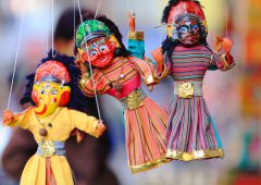 Traditional colorist nepalese paper mache puppets on strings for sale in a souvenir shop in the Thamel area of Kathmandu city. Kathmandu district-Bagmati zone-Nepal